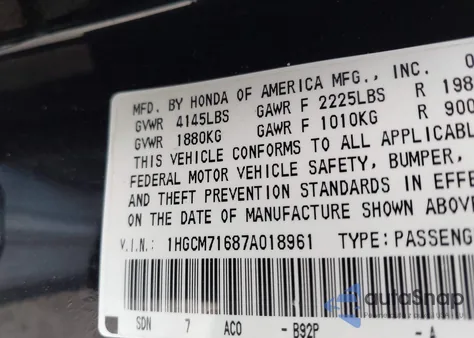 2007 Honda Accord 2.4 Ex from USA, damaged, VIN 1HGCM71687A018961